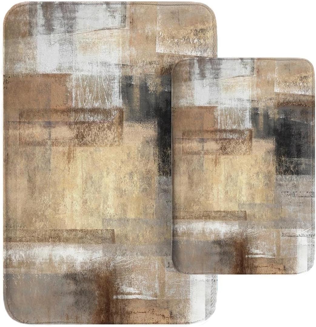 Britimes Modern Abstract Art Bathroom Rug Mat Set of 2, Brown and Gray Washable Cover Floor Rug Carpets Floor Bath Mat Bathroom Decorations 16x24 and 20x32 Inches