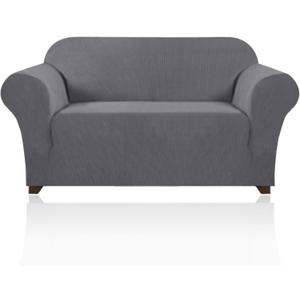 PrinceDeco Stretch Loveseat Sofa Cover Slipcover Couch Cover for 2 Cushion Sofa Washable Sofa Cover for Pets Friendly Furniture Protector Covers with Non Slip Bottom(Loveseat, Gray) (Grey)
