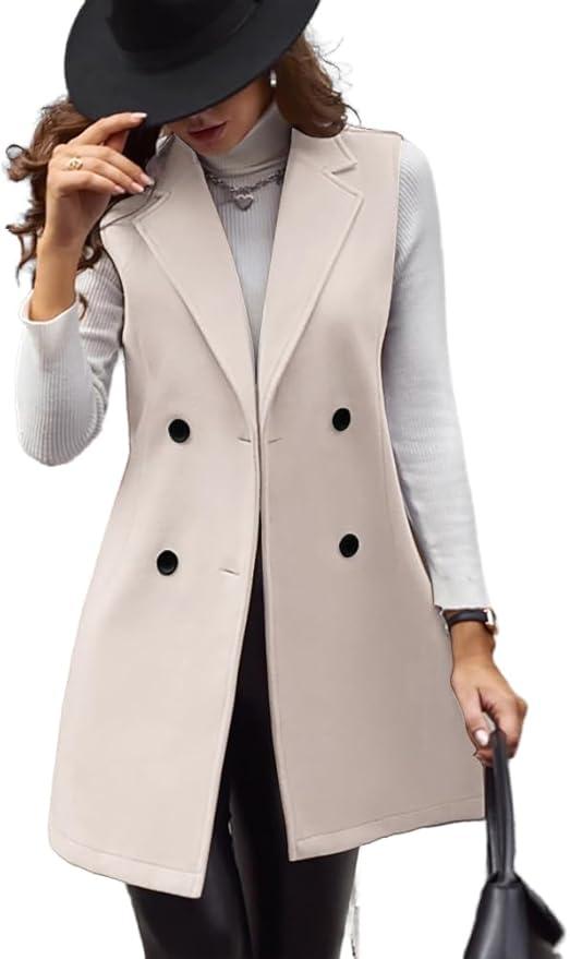 IDEALSANXUN Womens Long Wool Vest Fall Winter Sleeveless Blazer Jackets Double Breasted Trench Coats Small
