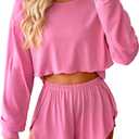 Remidoo Women's Split Short Pajama Set Long Sleeve T Shirt and Shorts Pajamas Crewneck Loungewear Pink Large