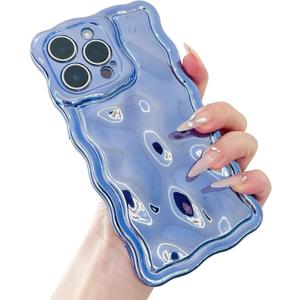 for iPhone 14 Case, Cute Stylish Glossy Bubble Wave Design, Silicone Women Girl Glitter Curly Wavy Aesthetic Protective Cover for iPhone 14 Phone Case, Shiny Blue