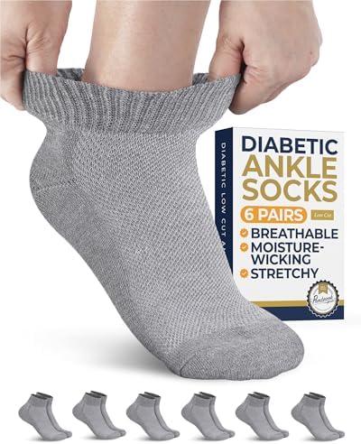 Pembrook Gray Ankle Diabetic Socks for Men & Women - 6 Pairs | Low Cut Stretch Top Men's Diabetic Sock | Ankle Moisture Wicking Neuropathy Socks for Men | Diabetic Socks for Men 9-12 