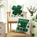 Artscope St Patricks Day Clover Green Hat Throw Pillow Covers 20x20 Inch Set of 2, Buffalo Plaid Shamrock Hat Holiday Decoration Pillow Cases for Home Sofa Couch