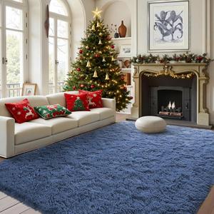 FinRec Dark Blue Rug for Bedroom Living Room, 4x6 Feet High Pile Plush Area Rug, Non-Slip Soft Fluffy Carpet for Nursery Kids Room Dorm Room Home Decor, Indoor Fuzzy Floor Rugs