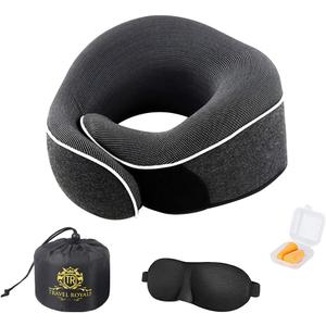 Neck Pillow Head, Chin, Neck 360 Support Pillow Adjustable 100% Pure Memory Foam Pillow for Airplanes, Car & Home, Ergonomic Design Full Neck Surround Bundle Eyecover & Earplugs (Black)