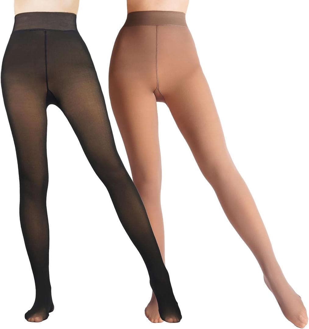 2 Pairs Women Fleece Lined Tights-Fake Translucent Leggings High Waist Pantyhose Sheer Thick Warm Tights For Women (Small, Black+Brown)