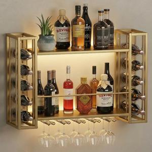 40" Wall Mounted Wine Rack with LED Lights & Wine Glass Rack, 40"W x 9.8"D x 21.6"H