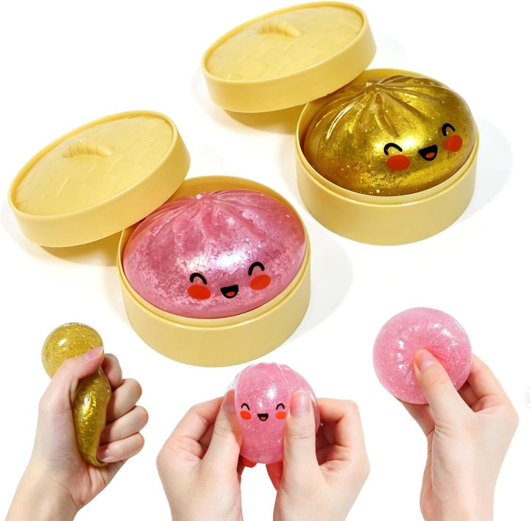 2 Pcs 2.2" Mini Glitter Dumpling Squishy, Dumpling Squishy Mystery Box, Colorful Dumplings Stress Balls Fidget Sensory Toys, Stress Relief Squeeze Fidget Toy for Kids Adults