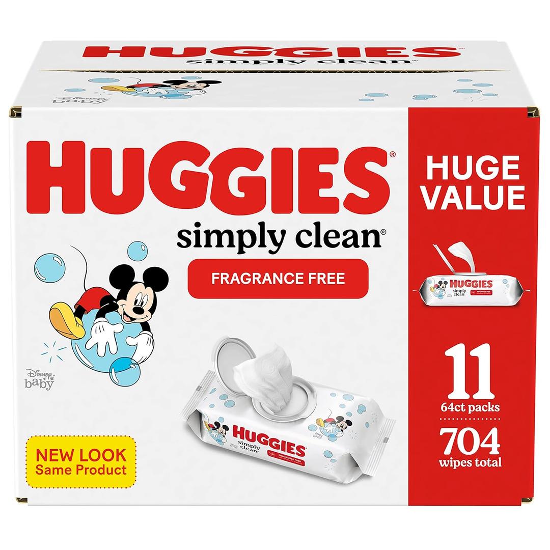 HUGGIES Simply Clean Baby Wipes Flip Lid Packs 704 Wipes Total, White, Unscented, Count of 11