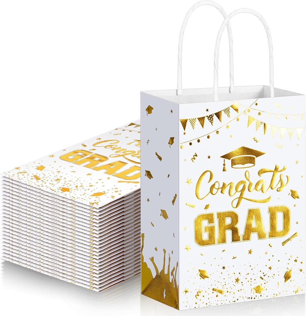 TaoBary 24 Pcs White Gold 2026 Graduation Gift Bags Congrats Grad Bags Party Favors with Handles Graduation Treat Paper Gifts for Grad Party Supplies, 8 x 6 x 3 Inches