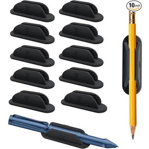 VILLCASE 10pcs Self-adhesive Pen Holder Clip for Desk Portable Pencil Organizer for Home Office Wall-mounted Writing Instrument Storage, Black