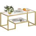 Wolawu Coffee Table Gold Glass Coffee Table for Living Room,2 Tiers Rectangle Center Table with Sturdy Metal Frame,Modern Tempered Glass Accent Table for Bedroom Home Office