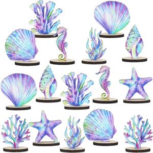 Beeveer 16 Pieces Mermaid Party Supplies Mermaid Birthday Wood Table Centerpiece DIY Under the Sea Party Decorations Ocean Theme Table Decor for Ocean Theme Anniversaries Favors