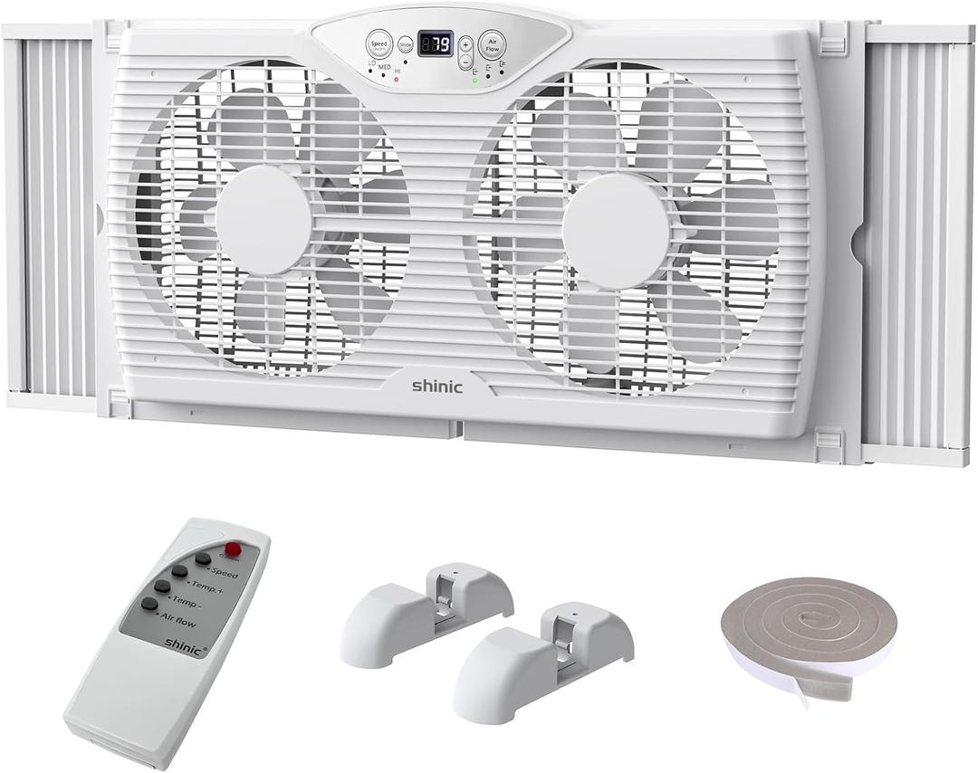 shinic 9'' Window Fan with Thermostat & LED Display, Reversible Airflow, 23.5"L x 4.0"W x 11.8"H
