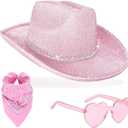 DAJOOEE Cowgirl Hat with Heart Sunglasses Glitter Cowboy Hat for Women & Girls Cosplay Bachelor Party Costume Hats (Pink)