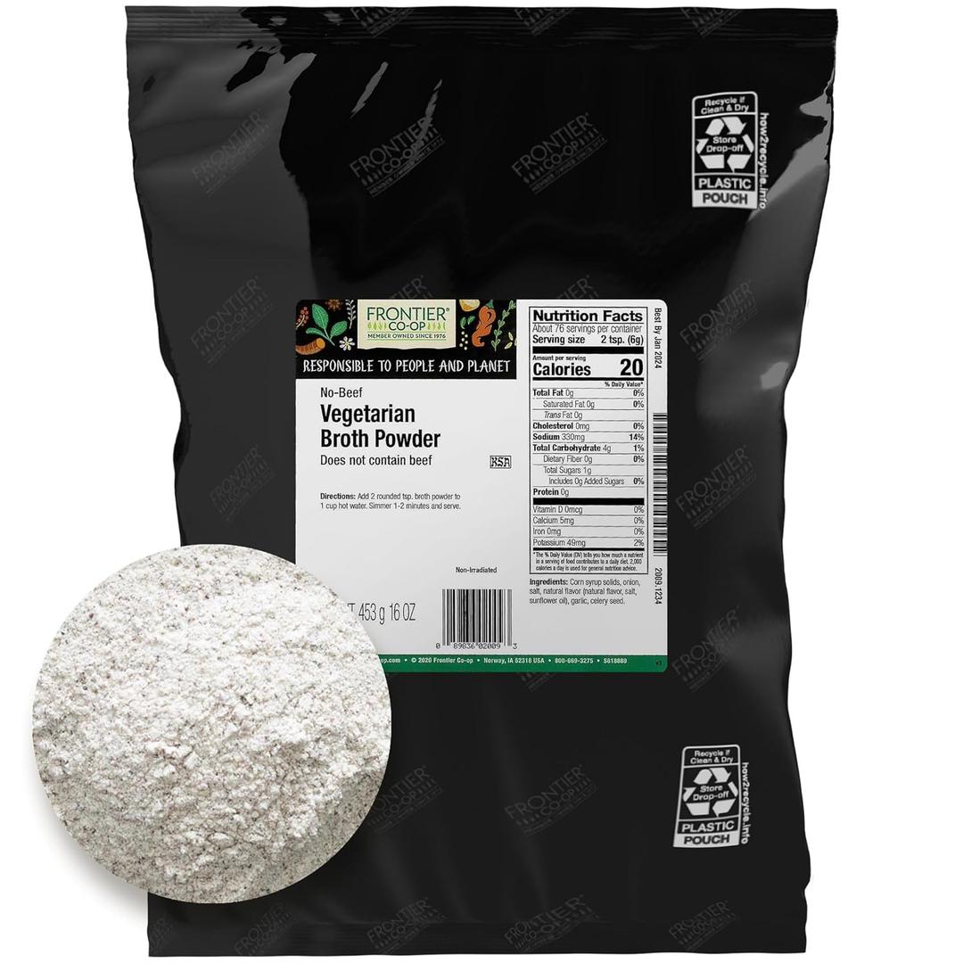 Frontier Co-op No Beef Broth Powder, 1-Pound Bulk Bag, Vegetarian Beef Broth, Soup Base, Gravy, Hot Drink, Kosher (EXP 03/01/27)
