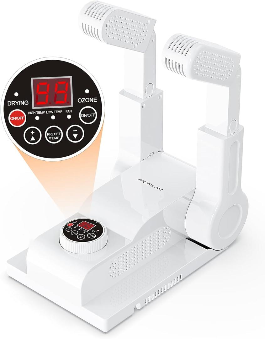 FORLIM [Upgraded Temperature Control] Shoe & Boot Dryer for Work Boots with 24-Hour Delay Timer, Portable Glove Dryer, Boot Warmer, Automatic Shut-Off Timer, Folding Design, Smart Panel, White