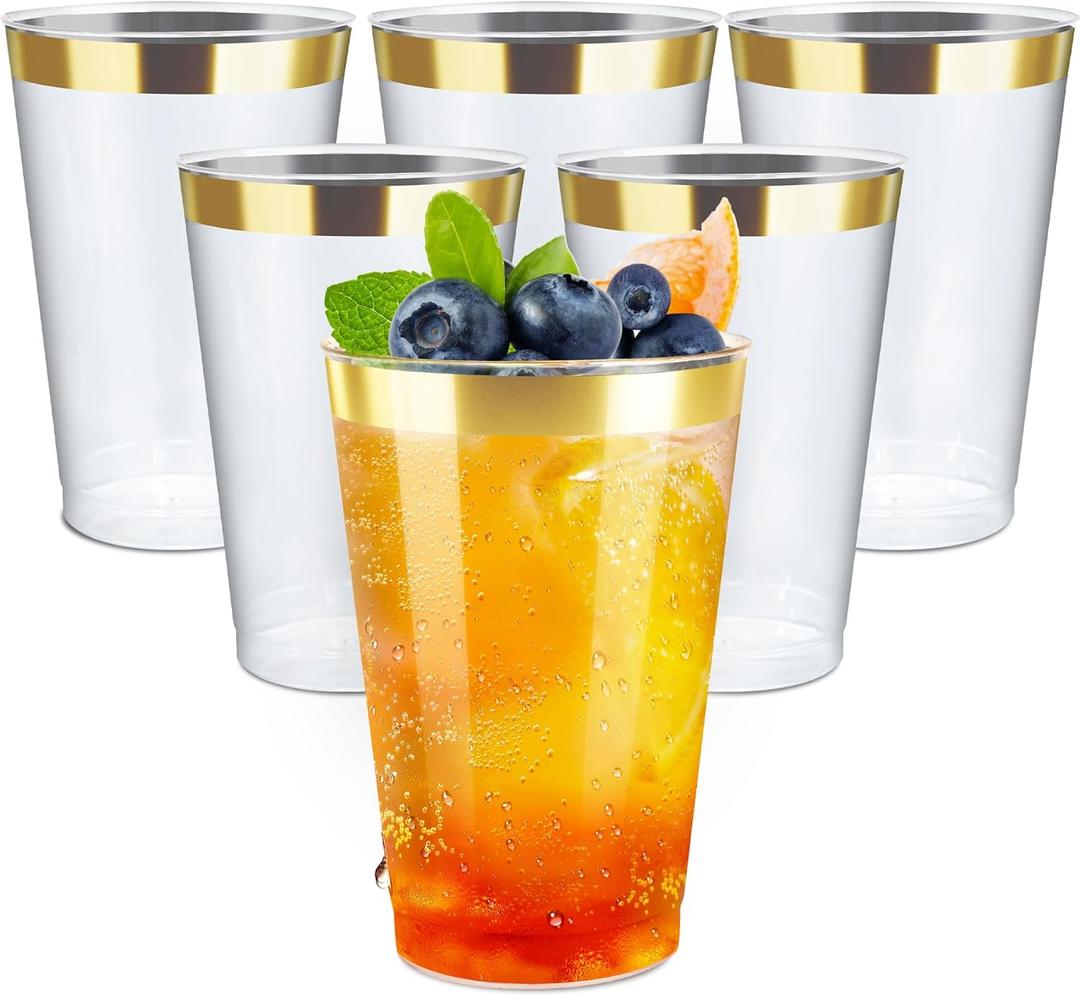12OZ Plastic Cups with Gold Rimmed Sturdy & Food Safe Disposable  Glasses Weeding Party Cups Disposable Drinking Cups Plastic Cocktail Glasses for, Juice & Cold Beverages [200 Pack]