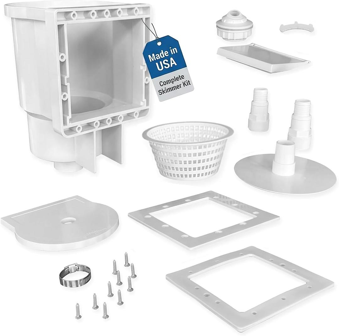 JED Pool Tools 45-400 Square Mouth Thru-The-Wall Skimmer & Accessory Kit for Above Ground Pool and Pool Cleaning Supplies, Made in USA
