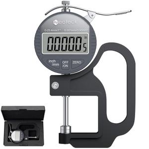 Neoteck Digital Thickness Gauge 1inch/25.4mm,0.00005inch/0.001mm LCD Display with Inch/MM Conversion One-Hand Quick Press Thickness Measuring Tool for Leather Paper Fabric Film etc.-Silver-Grey