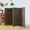Furnnylane 4 Panel Double Sided Short Room Divider for Room Separation, Dark Brown Rattan Folding Privacy Screen, Freestanding Partition Screen for Home Office - 3.95 ft Tall