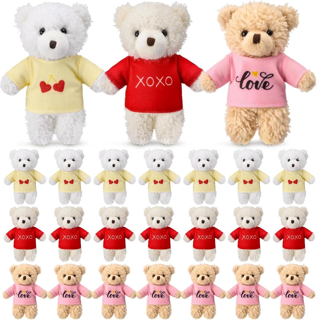 Jenaai 24 Pcs Valentine's Day Mini Teddy Bear Bulk, 5.1 Inch Valentines Day Stuffed Animals Soft Plush Toys for Kids Grils Boys Birthday Gifts Party Favors Wedding Supplies(Classic Bear)
