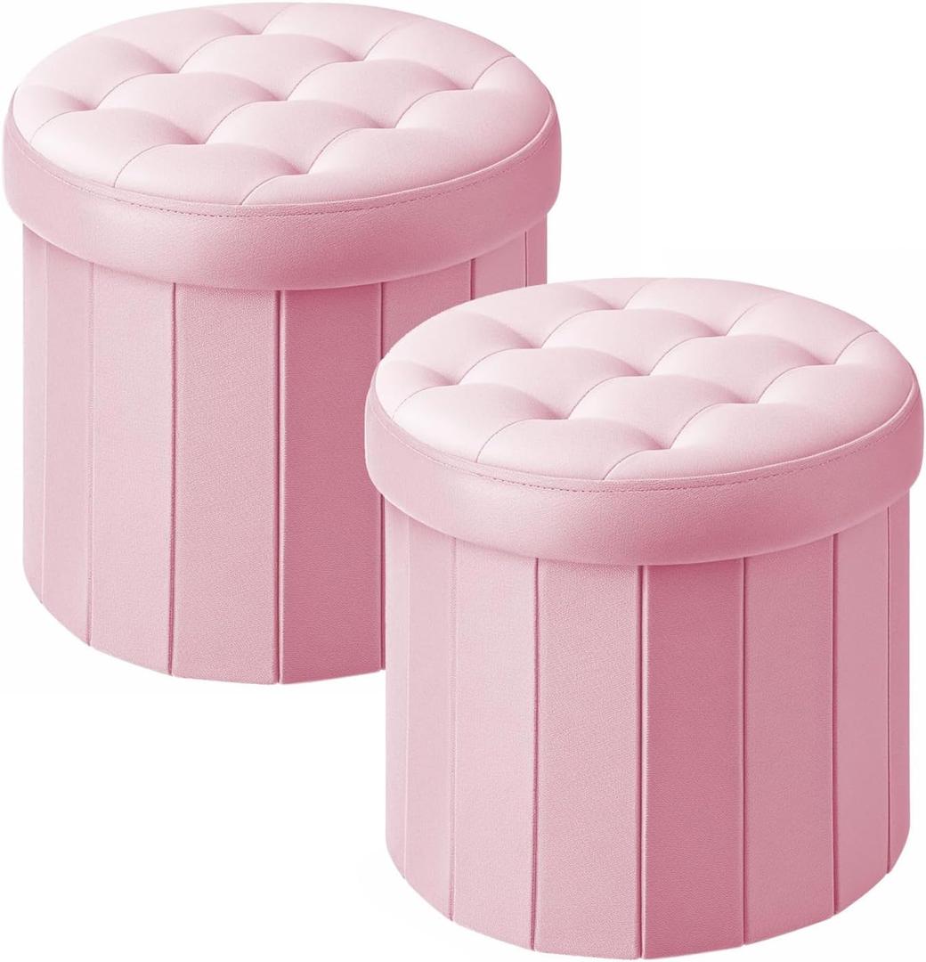 Bsketa Round Storage Ottoman, 14" Folding Velvet Foot Stool,Pink 2 Pack, Small