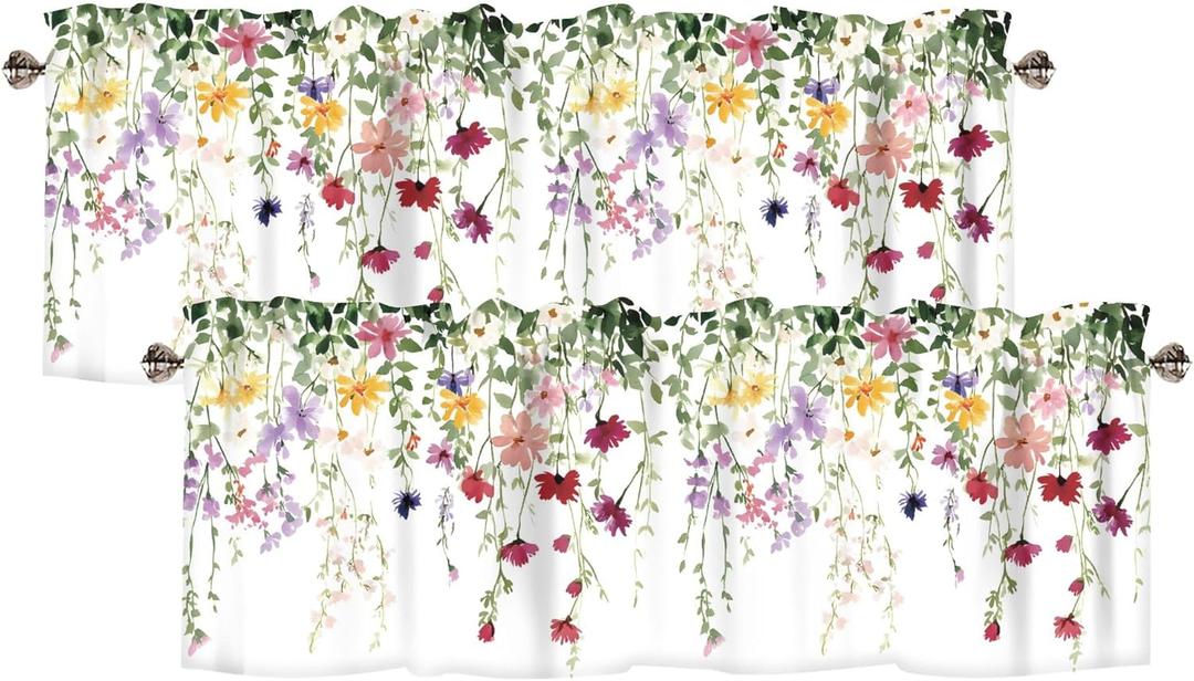 Spring Wildflowers Curtain Valance for Windows Floral Pink Rod Pocket Window Treatments 2 Panels Short Curtains for Kitchen Windows Bathroom Bedroom,42 x 12 Inch