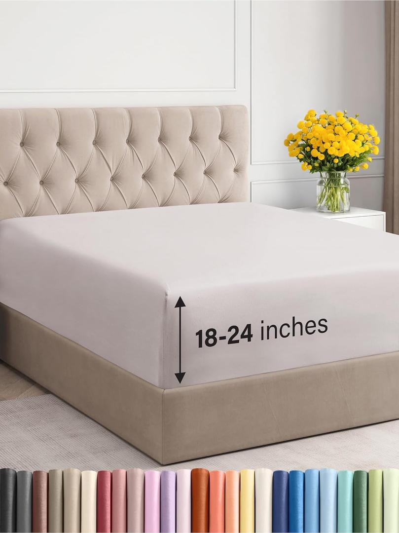 Extra Deep King Fitted Sheet - Hotel Luxury Single Fitted Sheet Only - Easily Fits 18" to 24" Mattress - Ultra Soft, Wrinkle & Fade Free w/Extra Deep Pockets - Breathable & Comfy - Light Grey