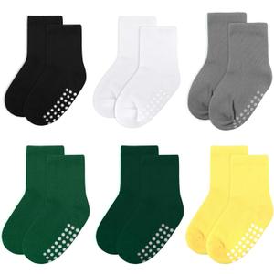 2 x 6 Pack Baby Socks and Toddler Socks,Soft Cotton Crew Socks with Non-Slip Grips for Infants,Boys and Girls,6-12 Months,(Black/White/Gray/Green/DarkGreen/Yellow)