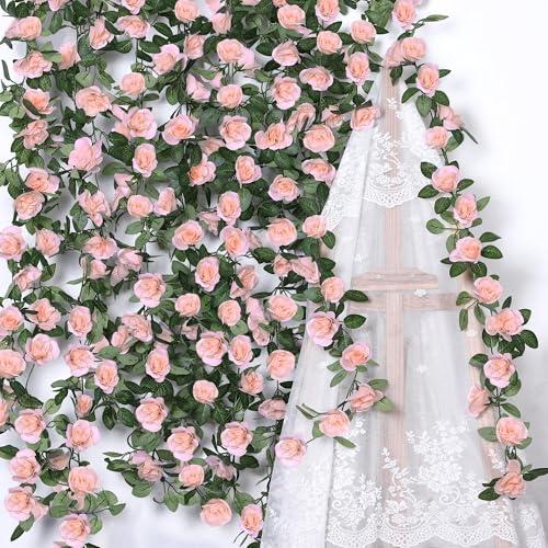 Aneco 8 Pack 64 FT Pink Flower Artificial Rose Vines Roses Fake Vine Flowers Plants Party Supplies for Holiday Wedding Garden Craft Art Decoration