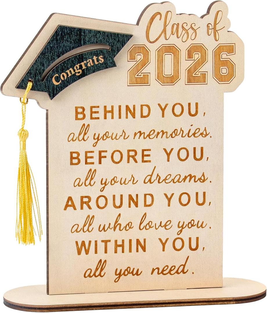 2 x Graduation Decorations, Graduation Gifts for Class of 2026, Graduation Quote Wood Sign Desk Decor, Positive Behind You All Your Memories Wood Plaque with Stand Desk Decoration Grad Gift
