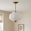 Milk Glass Ceiling Light Fixture - Antique Brass Semi Flush Mount Pendant Light for Kitchen, Hallway, and Bedroom 15 inch (White 15 inch)