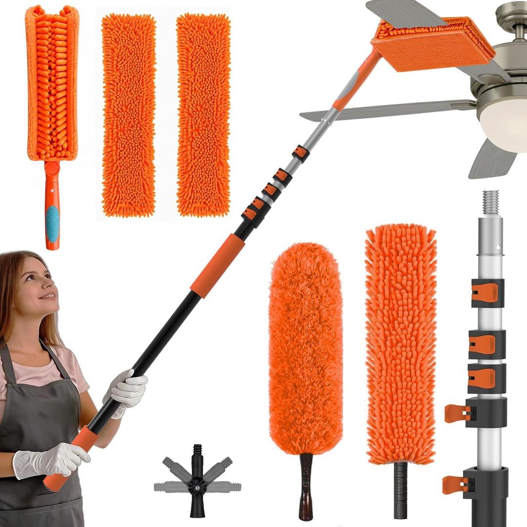 SISIUPASSIE 30FT Reach Ceiling Fan Cleaner Duster, Ceiling Fan Blade Cleaner with Extension Pole, Washable & Replaceable Microfiber Feather Duster Kits, 24FT