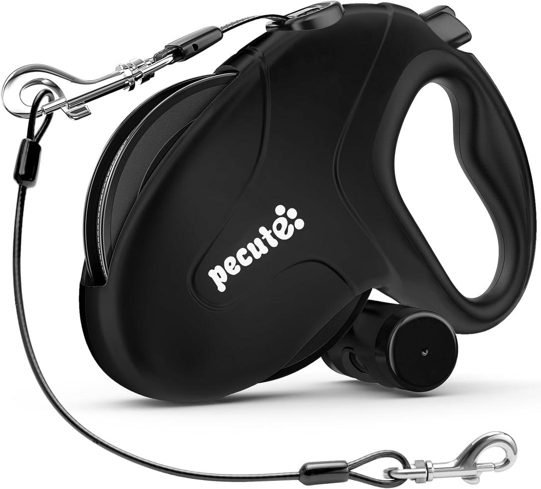 Pecute 32ft Retractable Dog Leash with Poo Bag Holder, Chew Proof Dog Leash with 360 Tangle-Free Extended, Anti-Slip Handle & Quick Brake Button, Suitable for Dogs Up to 110lbs in Weight (Black)