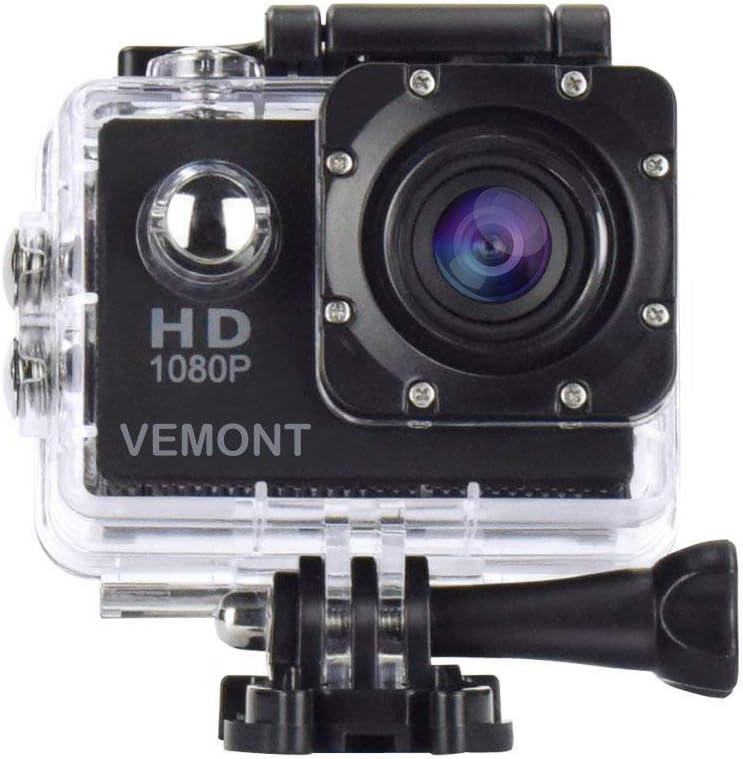 VEMONT Action Camera, 1080P 12MP Sports Camera Full HD 2.0 Inch Action Cam 30m/98ft Underwater Waterproof Snorkel surf Camera with Wide-Angle Lens and Mounting Accessories Kit (Black)