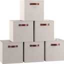 Ornavo Home 13 x 13 Storage Cube Bins, Foldable Collapsible Fabric Storage Bins Box Linen Shelf Basket Cube Organizer for Closet with Leather Handles, 6 Pack, Beige