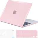 EooCoo Hard Case Compatible with MacBook Air 13 inch M1 Chip 2021-2018 with Retina Display, Air 13.3 inch Plastic Protective Case + Transparant Keyboard Cover + Screen Protector, Crystal Pink
