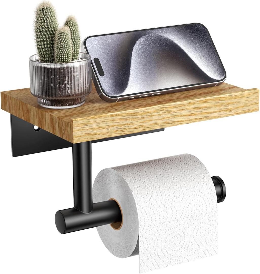 Tindbea Toilet Paper Holder with Wood Shelf, Wooden Wall Mount Tissue Roll Holder, Matte Black Stainless Steel Bathroom Accessories Decor for Household Home Apartment Restroom Essential (Red Oak)
