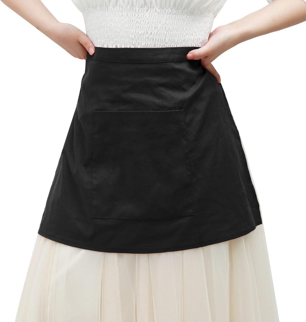 KUOIN Medieval Renaissance Apron with Pocket, Linen Vintage Half Waist Waiter Cosplay Aprons (Black)