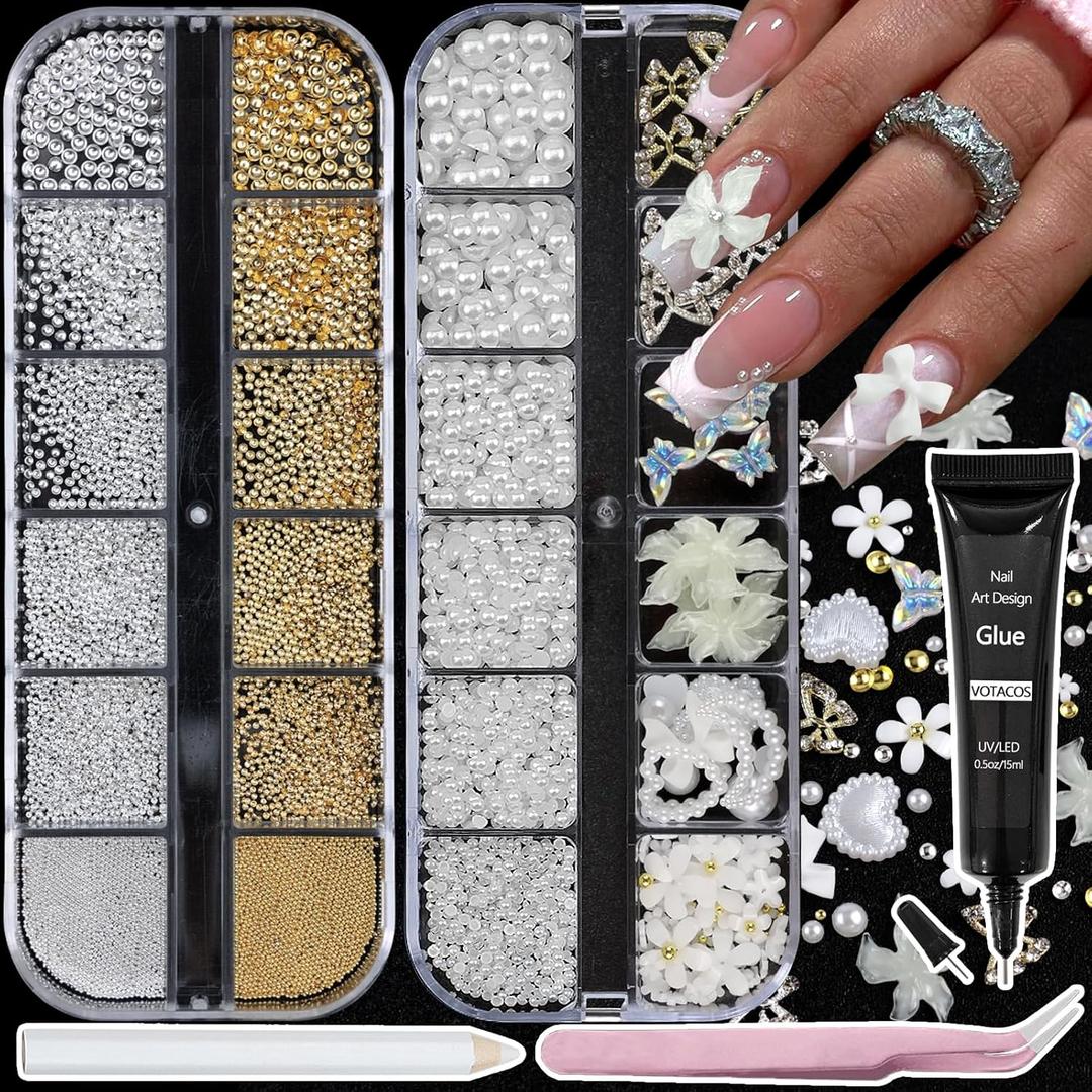 Nail Art Charms with Rhinestones Glue Gel White Flatback Pearls Flower Butterfly Nail Gems Supplies Accessories Gold Silver Nails Decoration Pearls for Women Nails Design (Colorful-22)