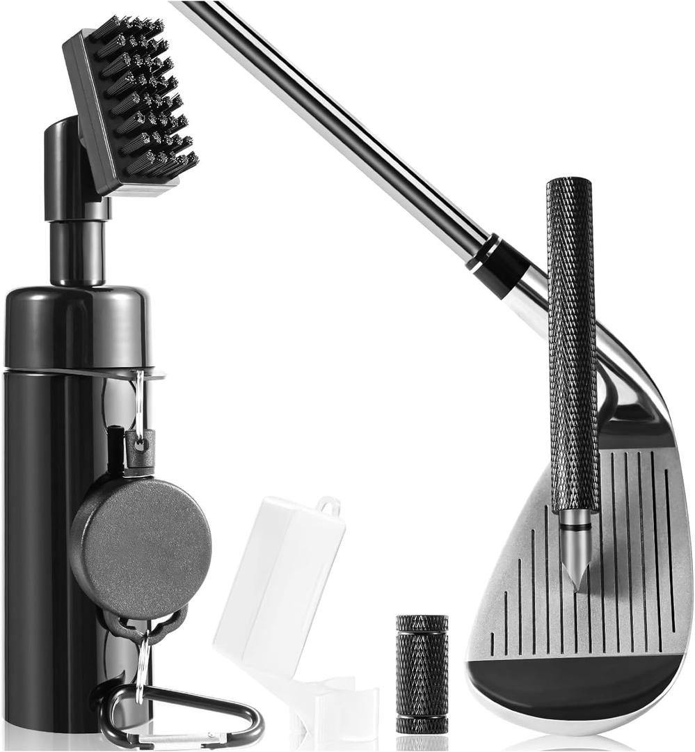 Pro Golf Club Cleaner Brush with Golf Groove Sharpener Tool Suitable for U & V-Grooves 8 Inches Golf Water Brush with Retractable Clip Hold 5oz of Water Perfect Golf Accessories for Men/Women (Black)