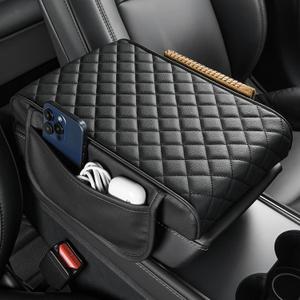 JOYTUTUS Center Console Cover for SUV Sedan, Thick Arm Rest Pad with Storage Bag Leather Middle Console Protector, 12.6" x 7.8" x 2.16" (Black)