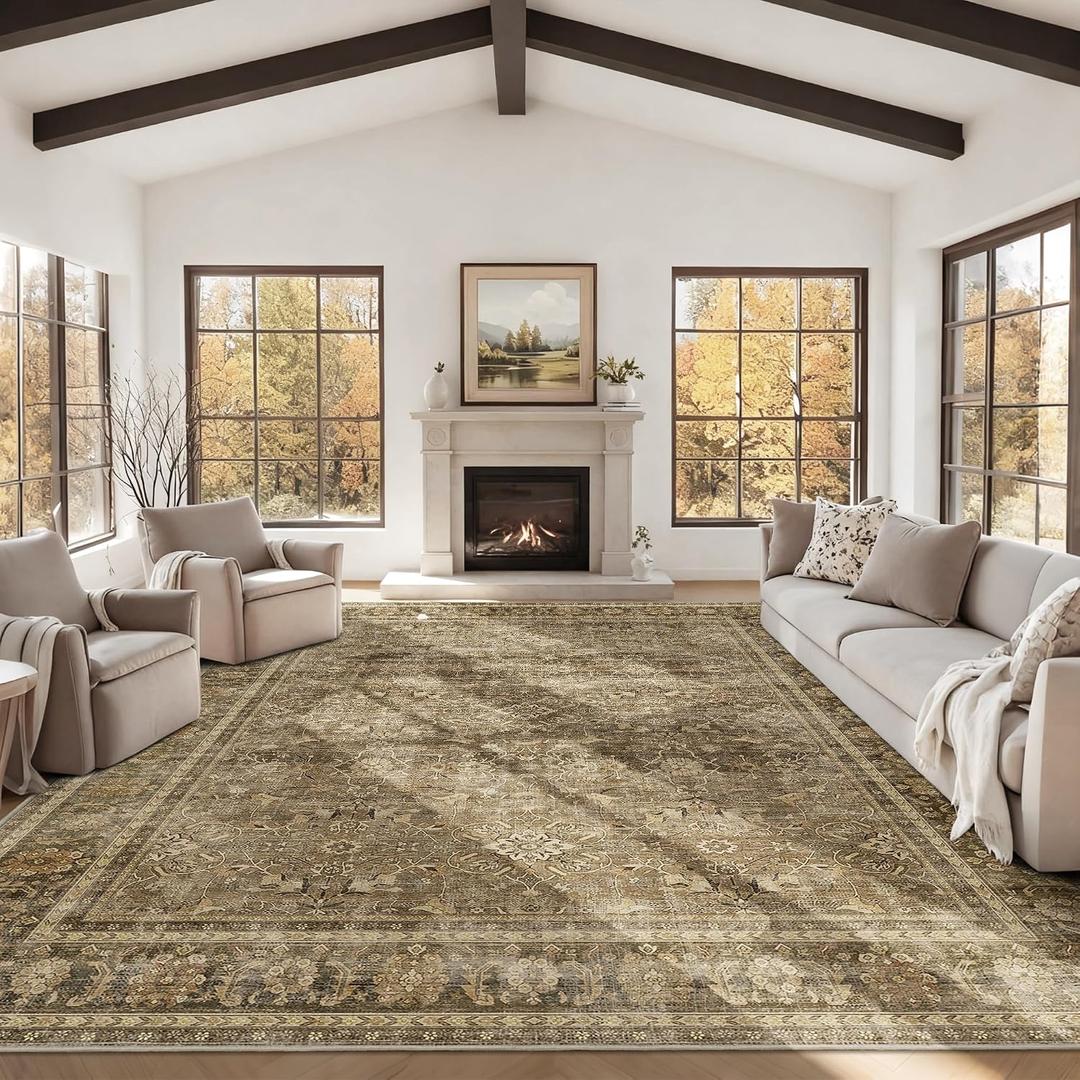 HelloTree Washable Rugs 9x12 Area Rug for Living Room, Vintage Boho Brown Rug Non Slip Carpet Retro Accent Indoor Mat Print Distressed Low Pile Throw Large Rug for Office Dining Room Bedside-Brown