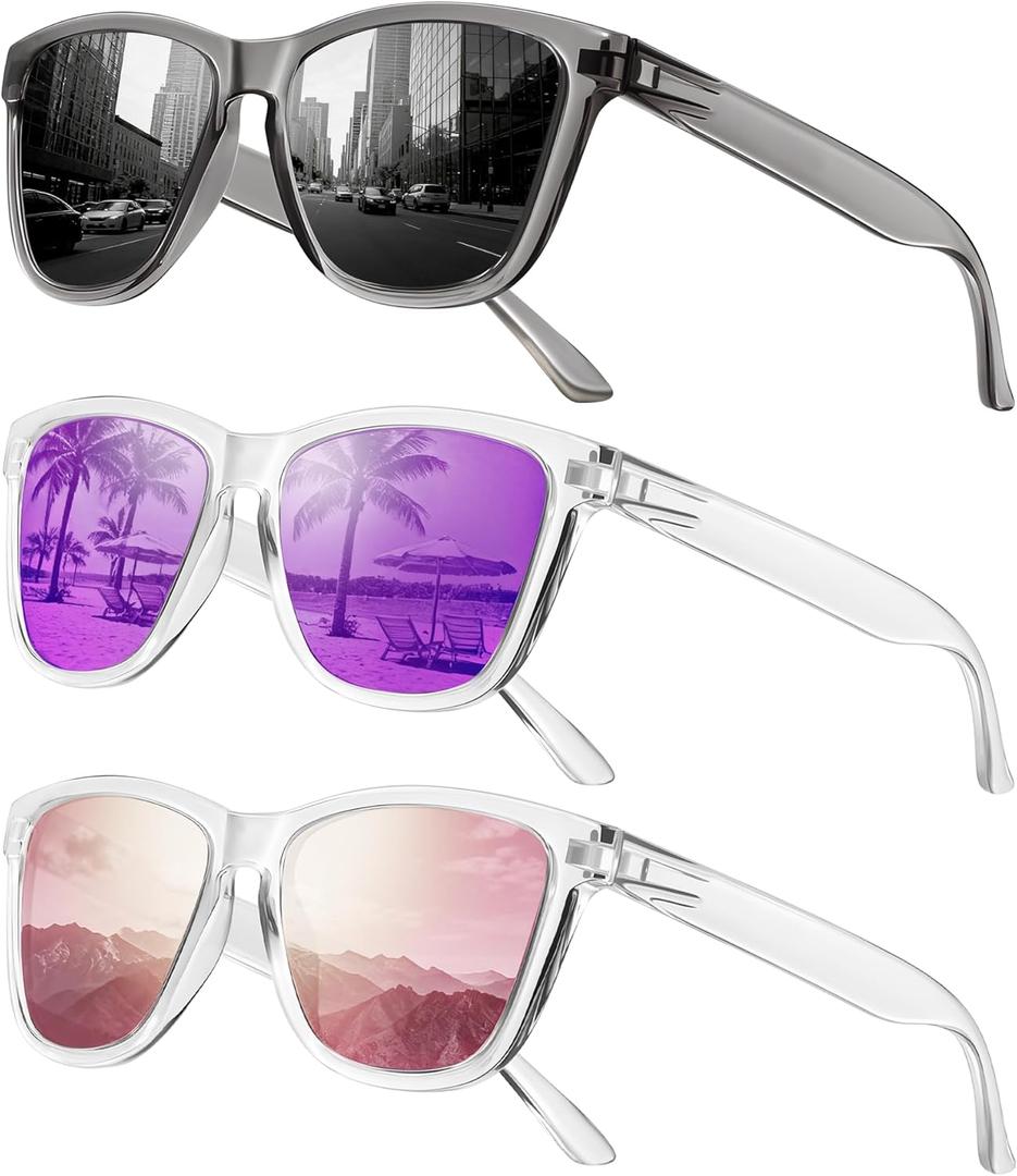 Sunglasses Womens Polarized Sunglasses for Men's Women's Retro Mirror Lens for Driving Fishing UV400 Protection (A1-clear Pink + Grey + Clear Purple)