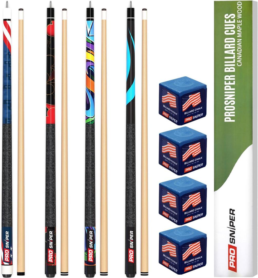 Prosniper Premium Pool Sticks Set of 4 | 58-Inch, 19-Oz Canadian Maple Pool Cue with Low-Deflection Shaft & 4 Extra Chalks | Pro-Grade Billiard Cue for Home & Bar Play
