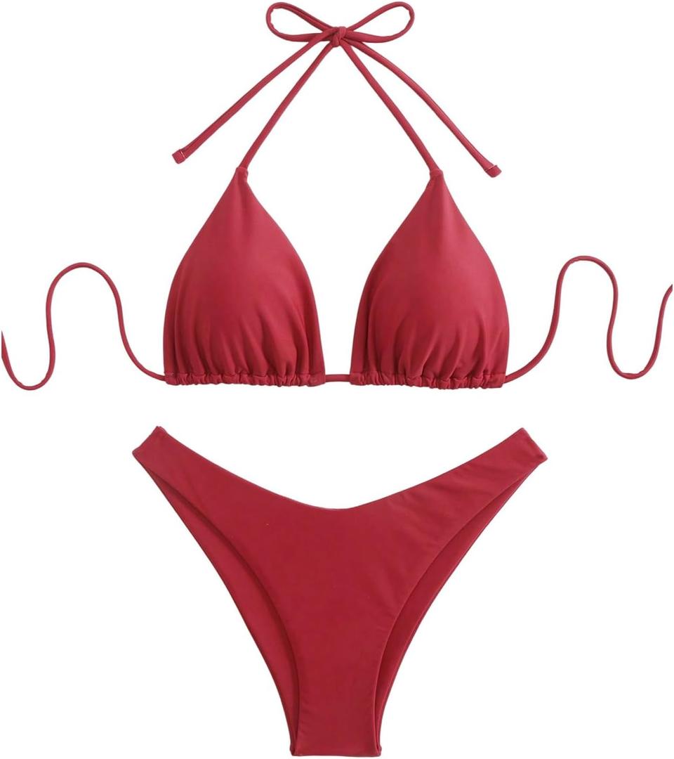 GORGLITTER Women's High Waisted Thong Bikini Set Halter Triangle Tie Back Swimsuit Bathing Suit (Red, S)