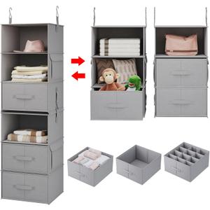 Vailando 6-Tier Hanging Shelves for Closet, Two 3-Shelf Hanging Closet Organizer w/ 4 Side Pockets and 3 Drawers, Combinable for Dorm Wardrobe Organizer and RV Storage and Organization (Separable, Medium Gray)