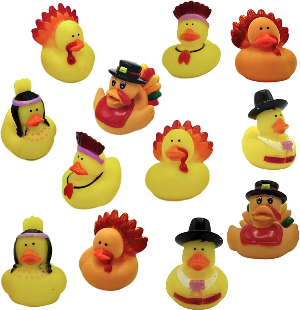 4E's Novelty Thanksgiving Rubber Duckies (24 Pack) Thanksgiving Themed Rubber Ducks Bulk Turkey & Pilgrim Ducks, Thanksgiving Party Favors Supplies for Kids Adults, Table Centerpiece, Bath Toys