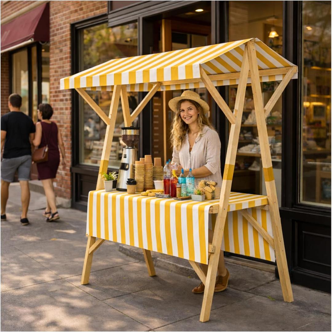 Portable Vendor Cart with Canopy, Foldable Farmers Market Booth with Wheels, Wooden Street Vendor Food cart for Lemonade Stand, Outdoor Events, Street Food & Pop-Up Events (Yellow, 47.2 in)